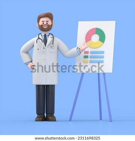 3D illustration of Male Doctor Iverson analyzing market trends and planning seo optimization,Medical presentation clip art isolated on blue background
