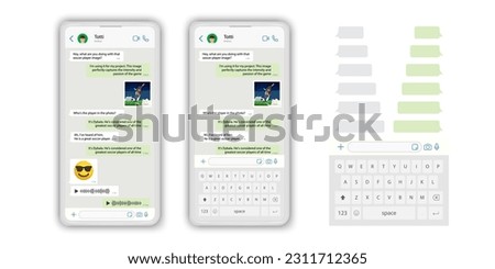 Vector chatting screen in mobile communication illustration. Chat app template. Modern realistic white and black smartphone. Social network concept. Vector. Royalty-Free Stock Photo #2311712365