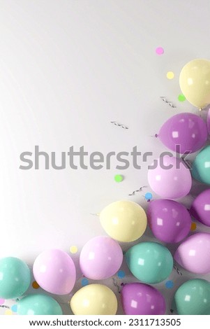 Fun vibrant colorful balloons corner composition on white background