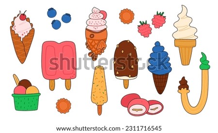 Set of various traditional ice creams. Vector illustrations. Soft serve, mochi ice cream, kulfi, J cone ice cream clip-art. 