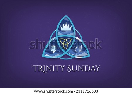 Trinity Sunday Banner. Religious trinity, crown, Jesus, holy spirit, dove. Blue metallic trinity symbol. Observed on the first Sunday after Pentecost. Vector Illustration. EPS 10. Royalty-Free Stock Photo #2311716603