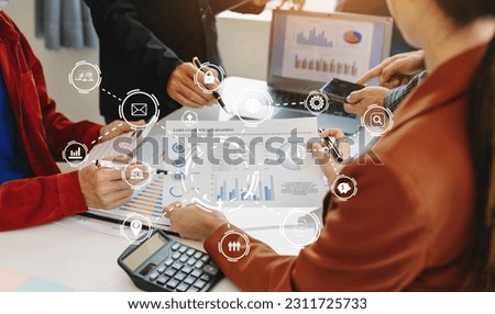 Working team meeting concept, business using laptop and smart phone and digital tablet computer with digital marketing media  in virtual icon network diagram office in morning light
