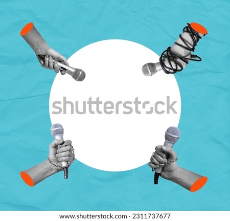 Collage art, lots of hands with microphones on a white and blue paper background. Yellow press from the daily news.