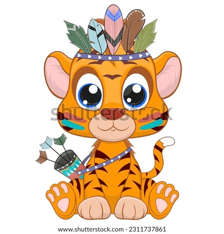 Cute baby tiger boho style illustration. Cartoon style character. Happy baby tiger, Perfect illustration for t-shirt wear fashion print design, greeting card, baby shower, party invitation