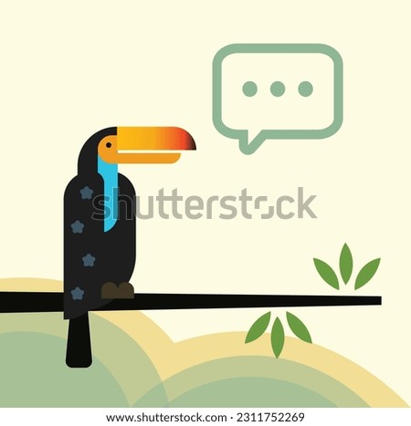 toucan on a branch, with speech bubble, flat vector illustration