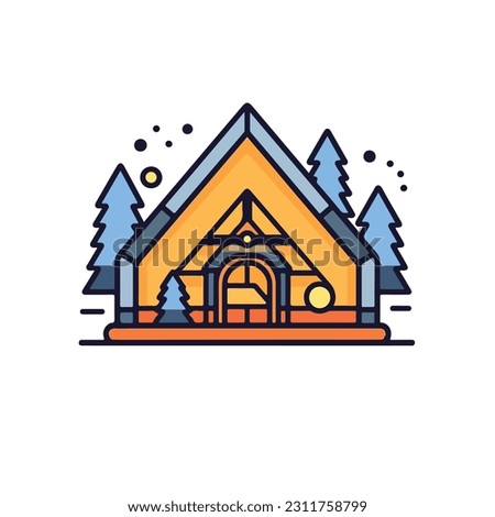 A simple illustration of a house icon with a roof and a potted plant on it. a cabin icon. Wooden house in the forest vector icon. camp sign cartoon style icon. 