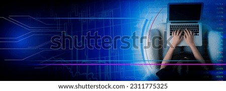 Marketing concept. Double exposure of woman working with laptop and data. Banner design with graphs and space for text