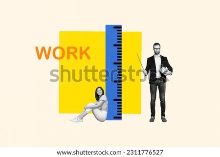 Portrait creative illustration collage of successful business teacher man couch help colleague girl accountant isolated on beige background Royalty-Free Stock Photo #2311776527