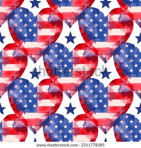 American flag hearts vector seamless pattern in watercolor style. White stars on dark blue background, red and white stripes heart shaped USA flags set.