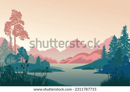 Forest landscape with trees, lake, mountains, sunrise, vector illustration. Royalty-Free Stock Photo #2311787715
