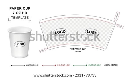 Paper cup die cut template for 7 oz HD, Hot drink paper cup mockup, paper cup curved template Royalty-Free Stock Photo #2311799733