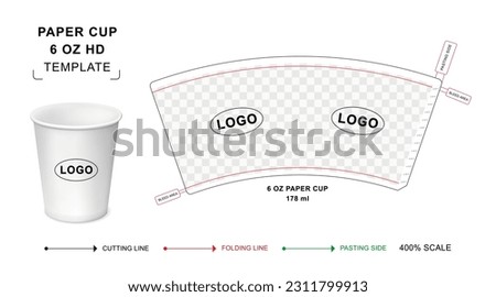 Paper cup die cut template for 6 oz HD, Hot drink paper cup mockup, paper cup curved template Royalty-Free Stock Photo #2311799913