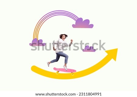 Poster picture artwork image collage sketch of positive cheerful girl riding skate achieve success isolated on painted white background