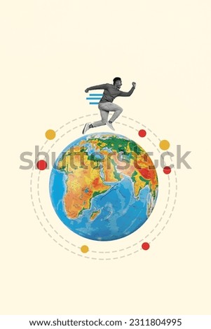Vertical collage image of mini black white colors guy running around planet earth globe isolated on creative background