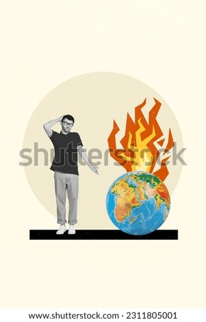 Photo collage 3d artwork minimal picture of thoughtful, puzzled man looking burning globe trying help isolated on white color background