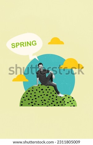 Picture artwork image collage sketch greeting card of positive cheerful guy sit grass enjoy warm weather isolated on painted background