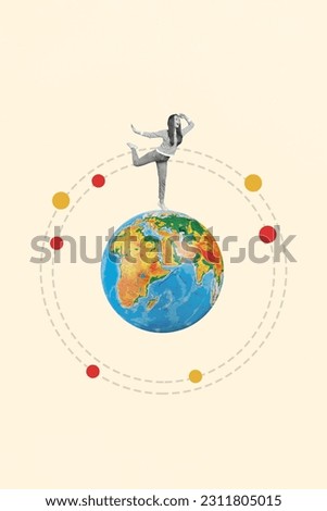 Picture image sketch minimal 3d collage of happy excited girl standing on globus looking far away isolated on beige color background