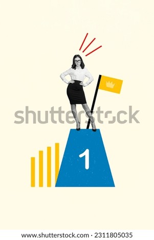 Collage artwork graphics picture of cool confident lady winning first place isolated painting biege color background