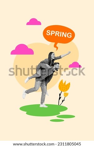 Vertical collage picture of two excited carefree black white colors partners piggyback spring dialogue bubble painted flowers clouds