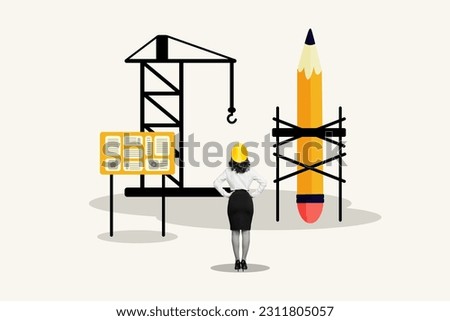 Artwork magazine collage picture of busy lady architect controlling building project isolated beige color background