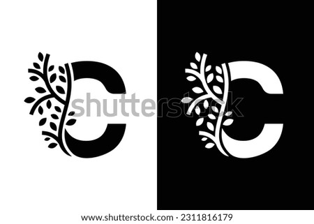Letter C alphabet and growing leaf with black and white color. Very suitable for symbol, logo, company name, brand name, personal name, icon, identity, business, marketing and many more.