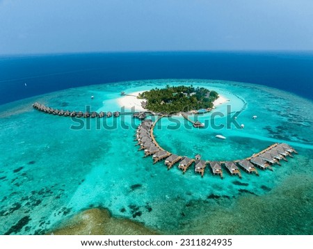 Aerial View, Maldives, North Malé Atoll, Indian Ocean, Thulhagiri Island Resort with Water Bungalows Royalty-Free Stock Photo #2311824935