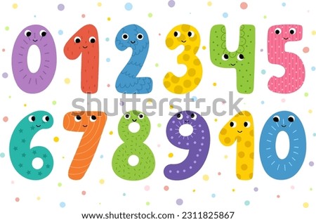 Cute numbers for kids. Collection of happy numbers in cartoon style. Educational clipart set. One, two, three, four and others smiling characters. Vector illustration