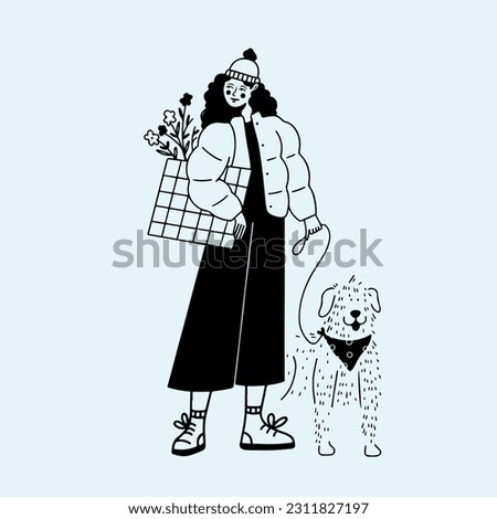 Illustration of doodle girl wlaking a fluffy dog on a leash