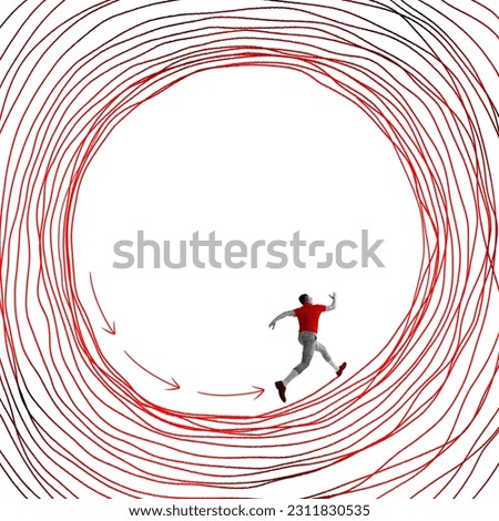 Man endlessly running in drawn circle. Hopeless situation. Hidden fears and routine pressure. Contemporary art collage. Concept of inner world, feelings, mental health and psychology Royalty-Free Stock Photo #2311830535