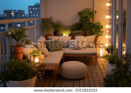 bohemian, minimalist balcony idea with lights Royalty-Free Stock Photo #2311833333
