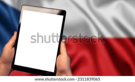 Man hold tablet phone pc gadget with white blank screen, copy space for text, image or message. Flag of Czechia country on background. Technology, information, business

