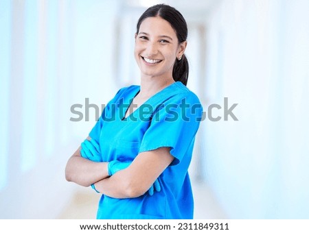 Woman, nurse smile and portrait with arms crossed and job in a hospital and clinic. Employee, healthcare and wellness professional with happiness and confidence from doctor and medical work and care