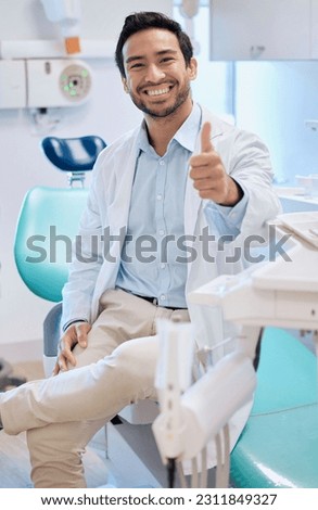 Dentist, thumbs up and portrait of man in office for teeth whitening, service and dental care. Healthcare, dentistry and orthodontist with thank you hand sign for oral hygiene, wellness or cleaning