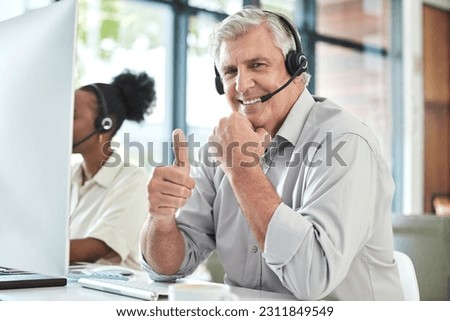 Thumbs up, customer support and portrait of senior man for online help, thank you and telemarketing. Call center, hand sign and happy elderly male worker for contact us, crm service and consulting