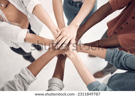 Teamwork, hands of people together in huddle for support, strategy and collaboration at start up. Team, coworking and hand circle with trust, group of staff working with cooperation and diversity.