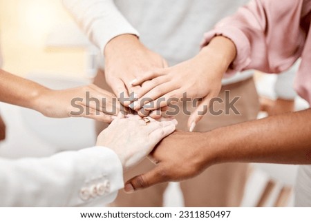 Hands stacked, support and group of people for teamwork, collaboration and community, team building and startup goals. Mission, celebration and together sign of person in circle of project or target