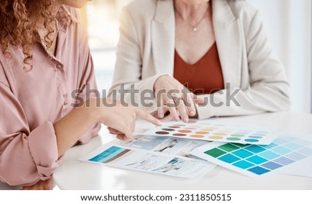 Business meeting, people hands and color choice, interior design advice and brand development or remodeling. Creative agency b2b clients or person consulting, show document proposal and paint process Royalty-Free Stock Photo #2311850515
