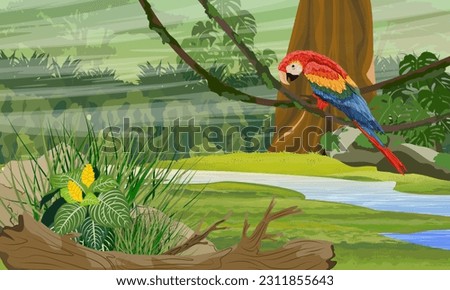 scarlet macaw parrot sit on the branches of a tropical plant in the jungle. Stream in the jungle of South America and Africa. Realistic vector landscape Royalty-Free Stock Photo #2311855643
