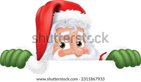 Cartoon Santa Claus or Father Christmas peeking over a sign Royalty-Free Stock Photo #2311867933