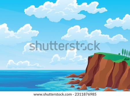 Sea landscape. Rocky coast under cloudy sky. Ocean beach and cliff. Vector colored flat cartoon illustration of seascape Royalty-Free Stock Photo #2311876985