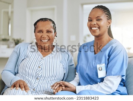 Senior woman, nurse and holding hands portrait for support, healthcare and happiness at retirement home. Elderly black person and caregiver together for trust, elderly care and help with homecare Royalty-Free Stock Photo #2311883423