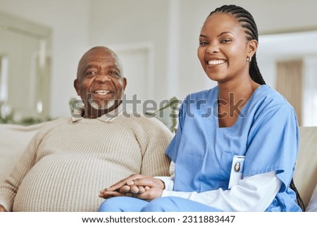 Senior man, nurse and holding hands with a smile for support, healthcare and happiness at retirement home. Portrait of patient and black woman or caregiver together for trust, elderly care and help Royalty-Free Stock Photo #2311883447