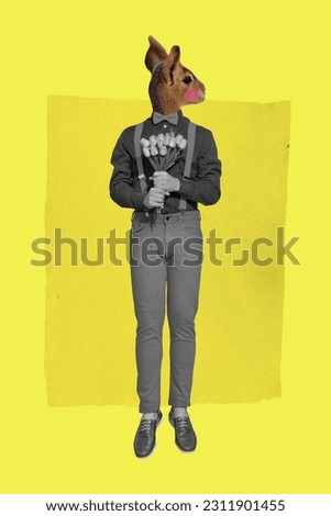 Photo cartoon comics sketch collage picture of funky guy kangaroo instead head holding flowers bunch isolated yellow color background