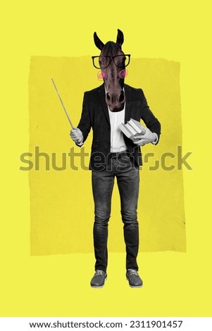 Artwork magazine collage picture of funky guy horse instead head teaching subject isolated yellow color background