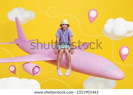 Collage 3d pop sketch image of smiling funny guy flying low cost plane isolated yellow color background