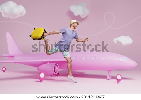 Photo 3d sketch collage picture of funky excited guy hurrying airflight check in isolated pink creative background