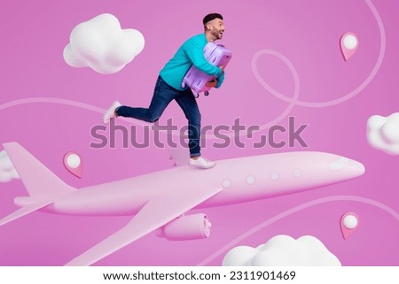 Creative 3d template collage image of hurrying happy guy running low cost flight isolated colorful pink background