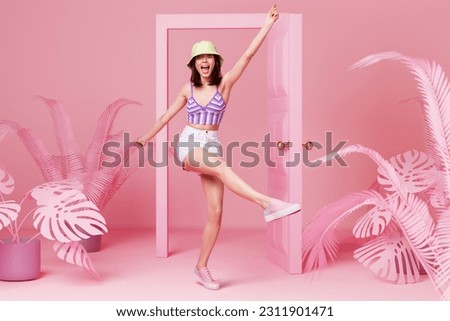 Advert banner photo 3d collage of joyful girl dance hotel room beautiful apartment decorative exotic plant isolated pink color background