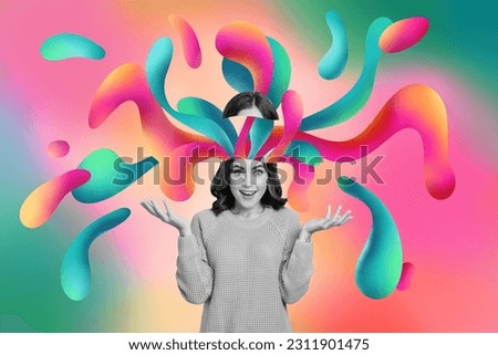 Magazine 3d picture sketch collage image of smiling excited lady head imagination explosion isolated colorful background