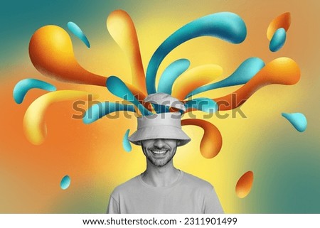 Artwork 3d collage picture of smiling funky guy having many imaginations dreams isolated drawing background Royalty-Free Stock Photo #2311901499